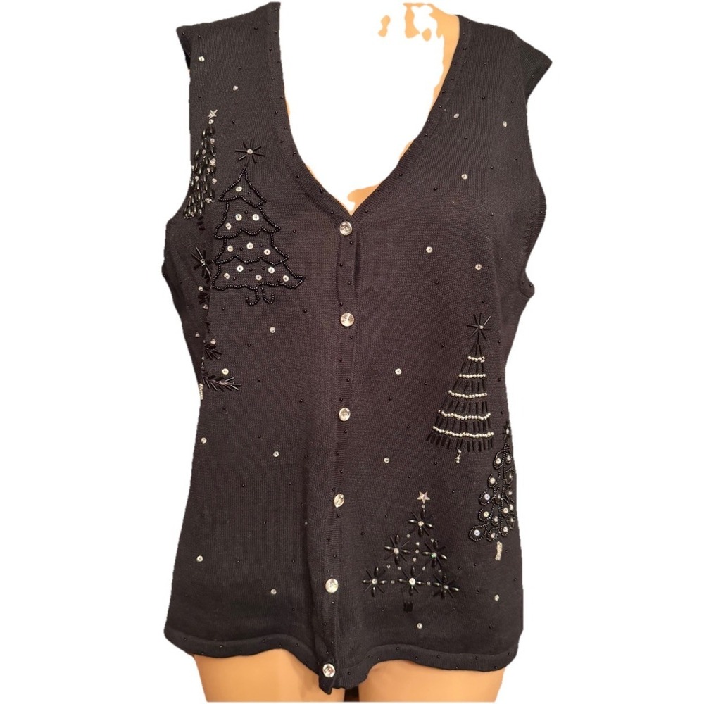 Mercer Street Studio Beaded Christmas Black Knit Sweater Vest Embellished sz M